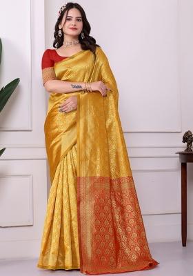 Yellow Zari Work Silk Saree Set