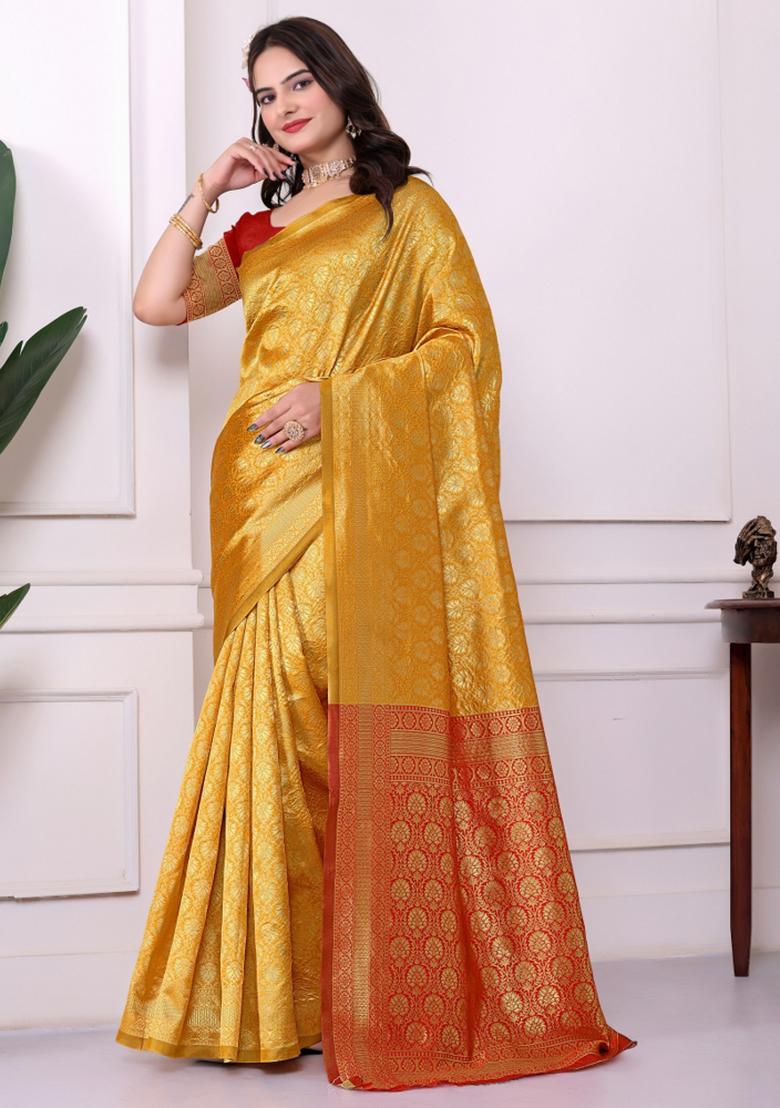 Yellow Zari Work Silk Saree Set - Indya
