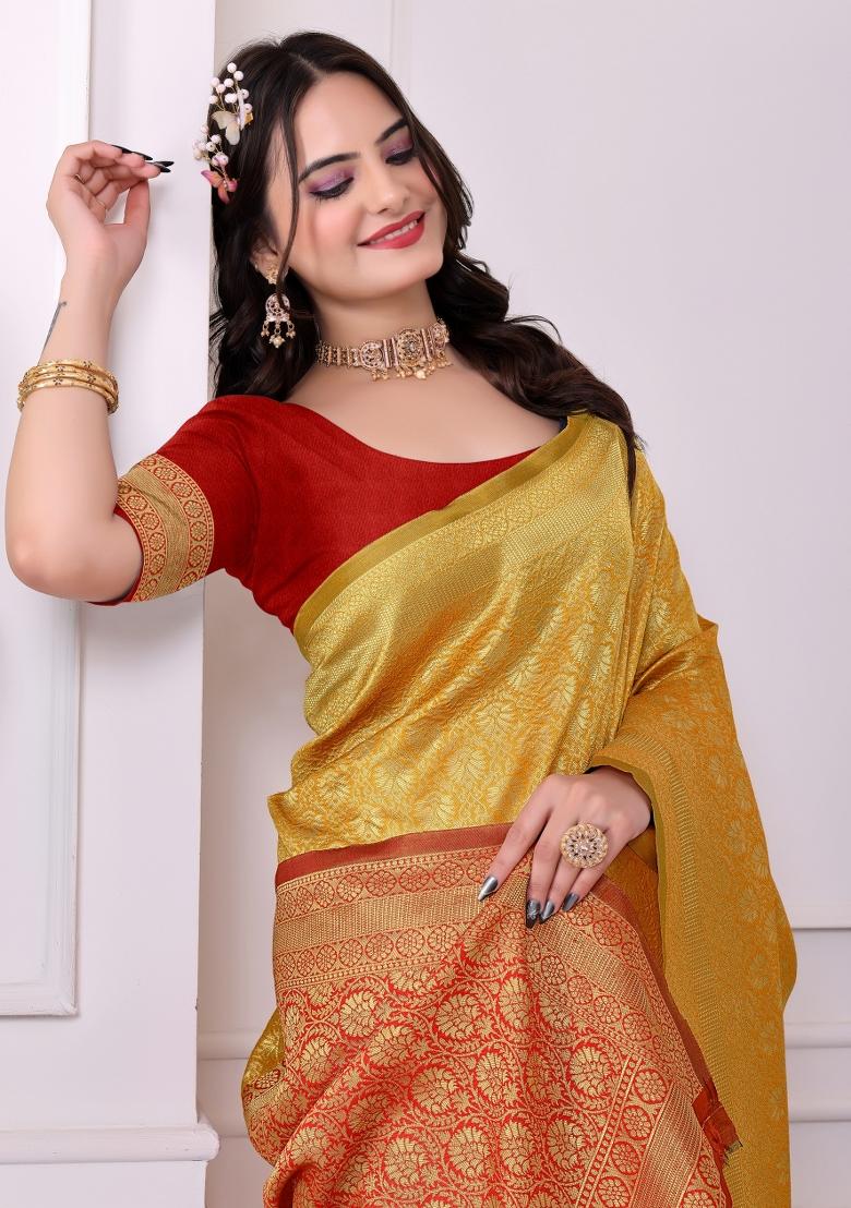 Yellow Zari Work Silk Saree Set - Indya