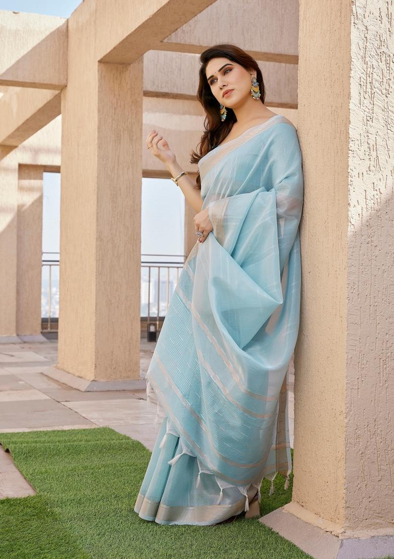 Blue Abstract Tissue Saree Set - Indya