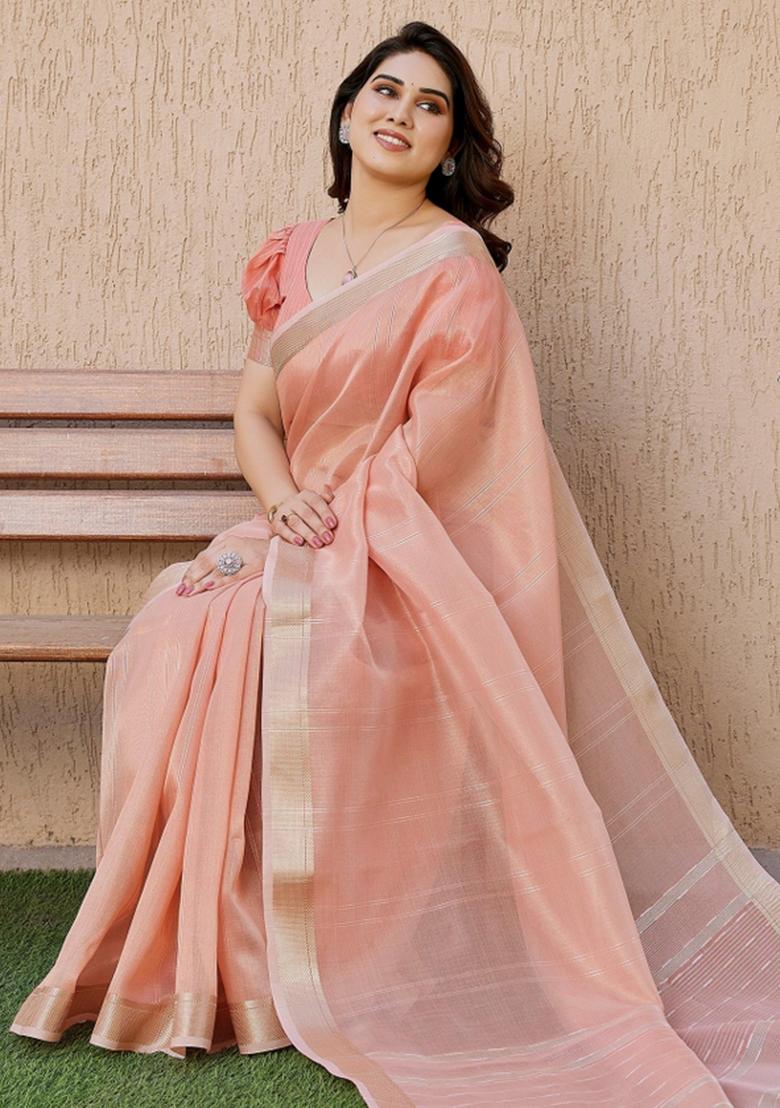 Peach Abstract Tissue Saree Set - Indya