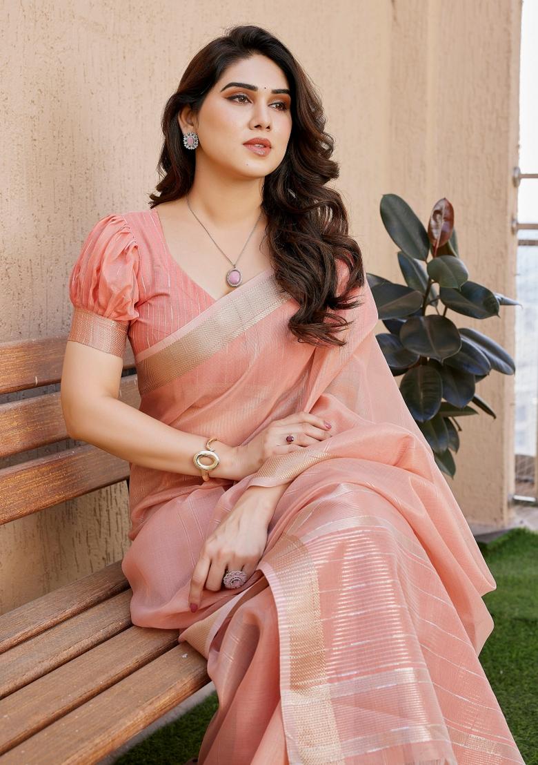 Peach Abstract Tissue Saree Set - Indya