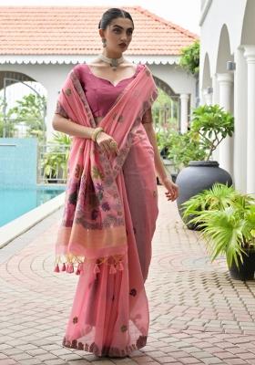 Pink Woven Work Cotton Saree Set