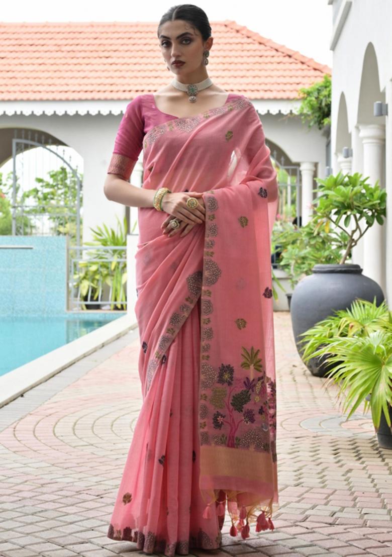 Pink Woven Work Cotton Saree Set - Indya