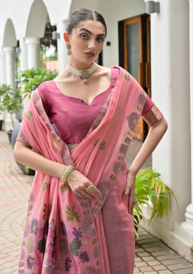 Pink Woven Work Cotton Saree Set - Indya