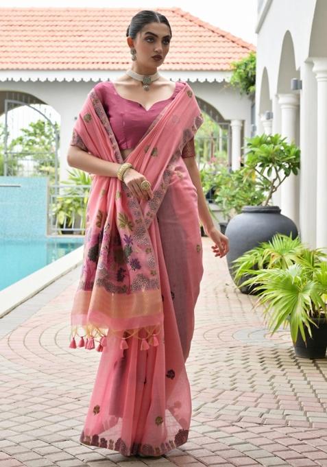 Pink Woven Work Cotton Saree Set