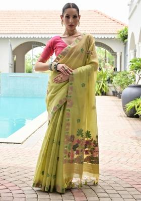 Green Woven Work Cotton Saree Set