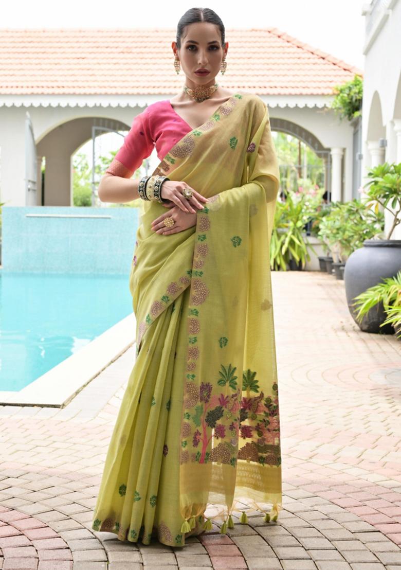 Green Woven Work Cotton Saree Set - Indya