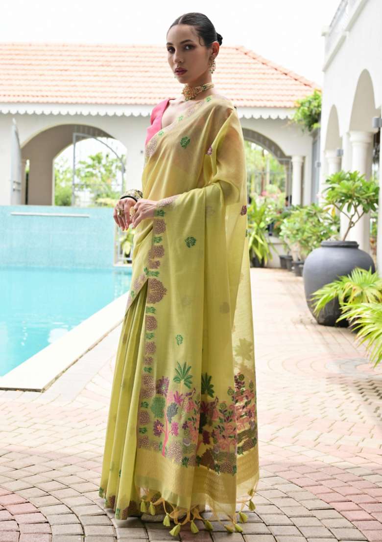 Green Woven Work Cotton Saree Set for Diwali and Festive Wear - Indya