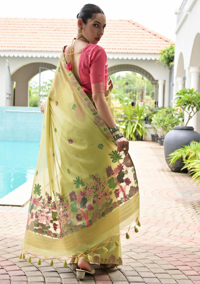 Green Woven Work Cotton Saree Set - Indya