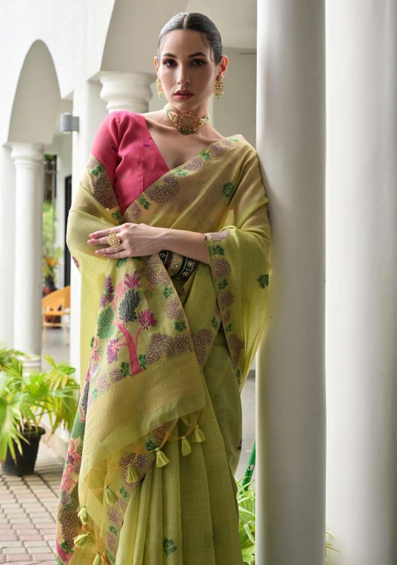 Green Woven Work Cotton Saree Set for Diwali and Festive Wear - Indya