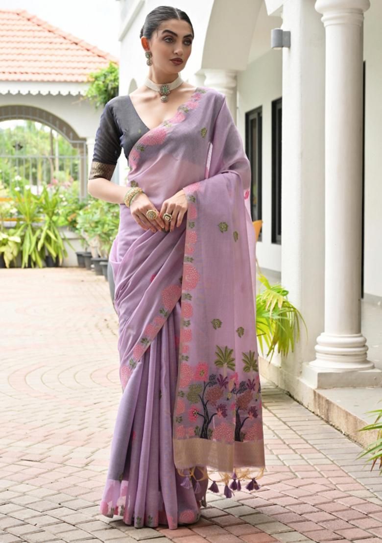 Purple Woven Work Cotton Saree Set - Indya