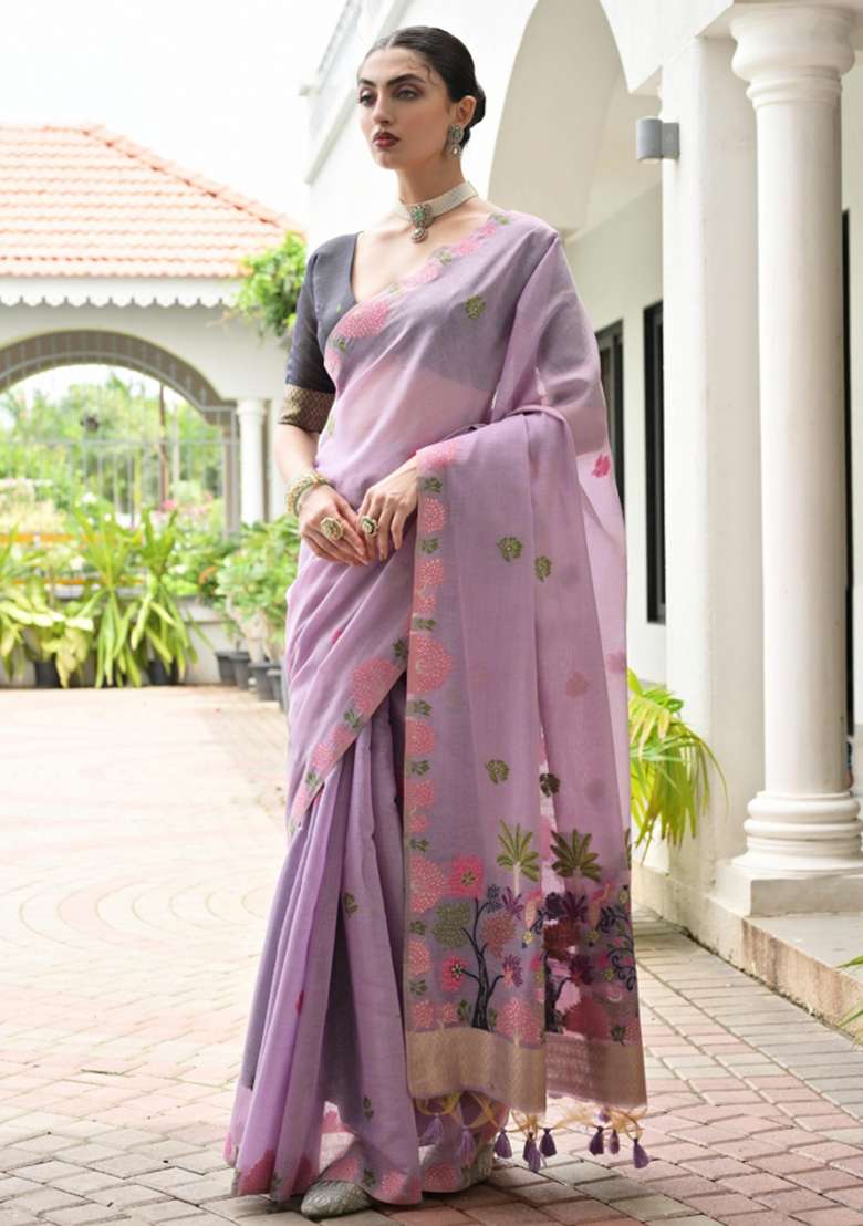 Purple Woven Work Cotton Saree Set for Diwali | Wedding & Festive Wear - Indya