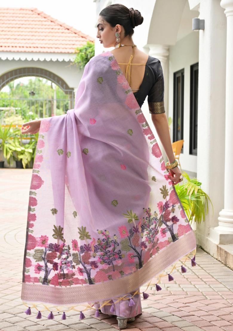 Purple Woven Work Cotton Saree Set - Indya