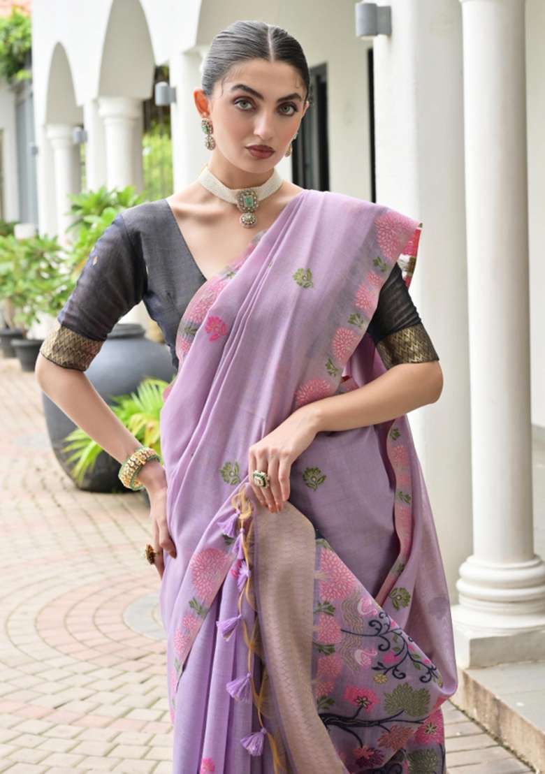 Purple Woven Work Cotton Saree Set for Diwali | Wedding & Festive Wear - Indya