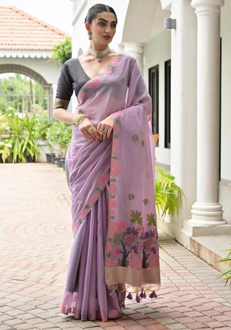 Purple Woven Work Cotton Saree Set