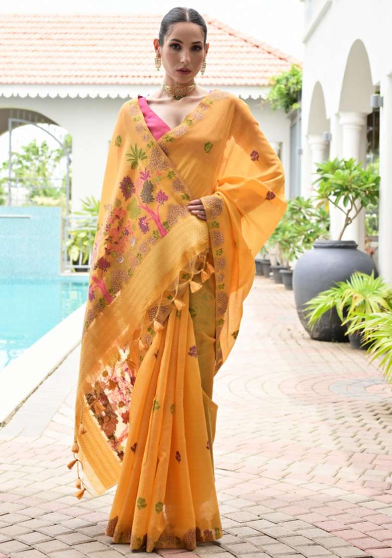 Orange Woven Work Cotton Saree Set for Diwali and Festive Wear - Indya