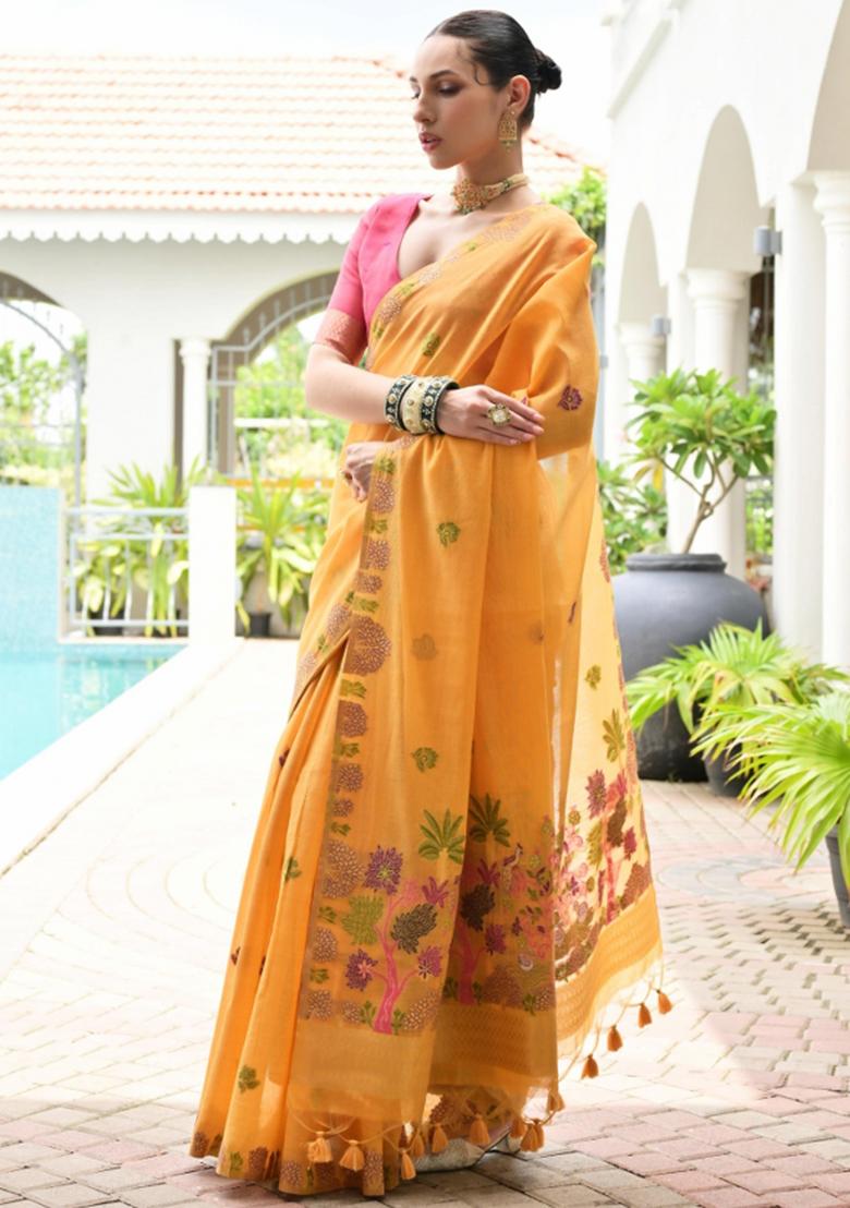Orange Woven Work Cotton Saree Set - Indya