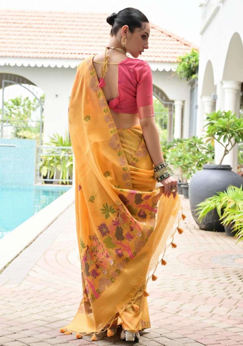Orange Woven Work Cotton Saree Set for Diwali and Festive Wear - Indya
