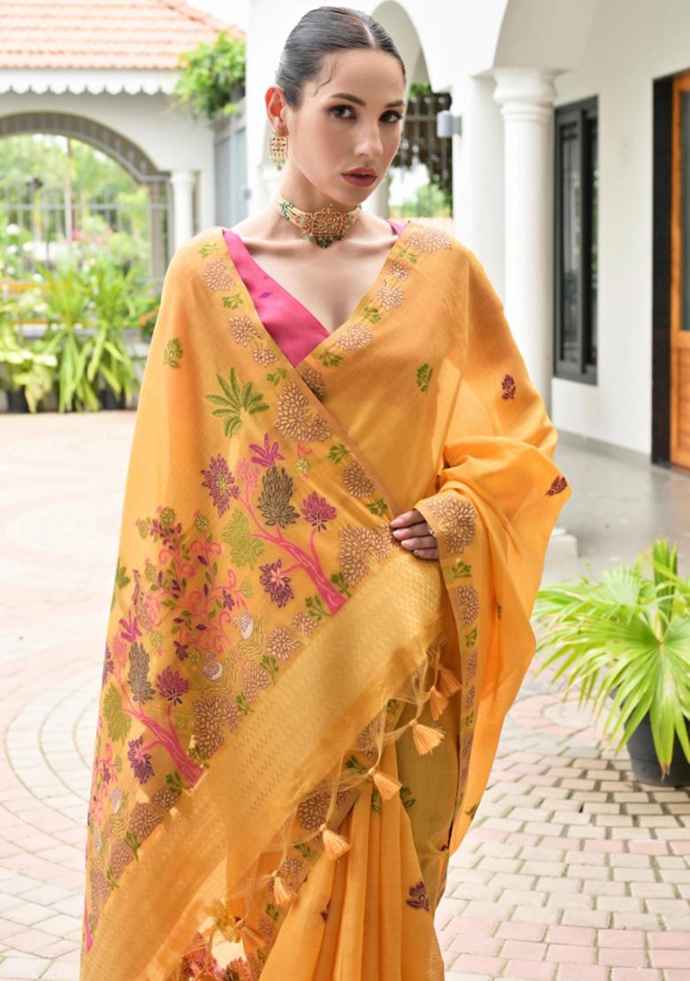 Orange Woven Work Cotton Saree Set - Indya