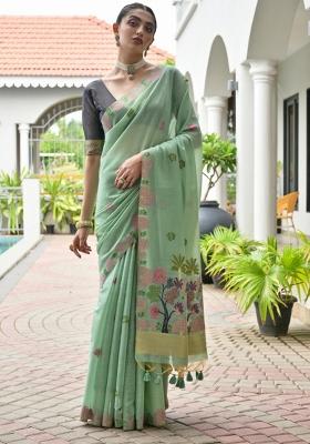 Green Woven Work Cotton Saree Set