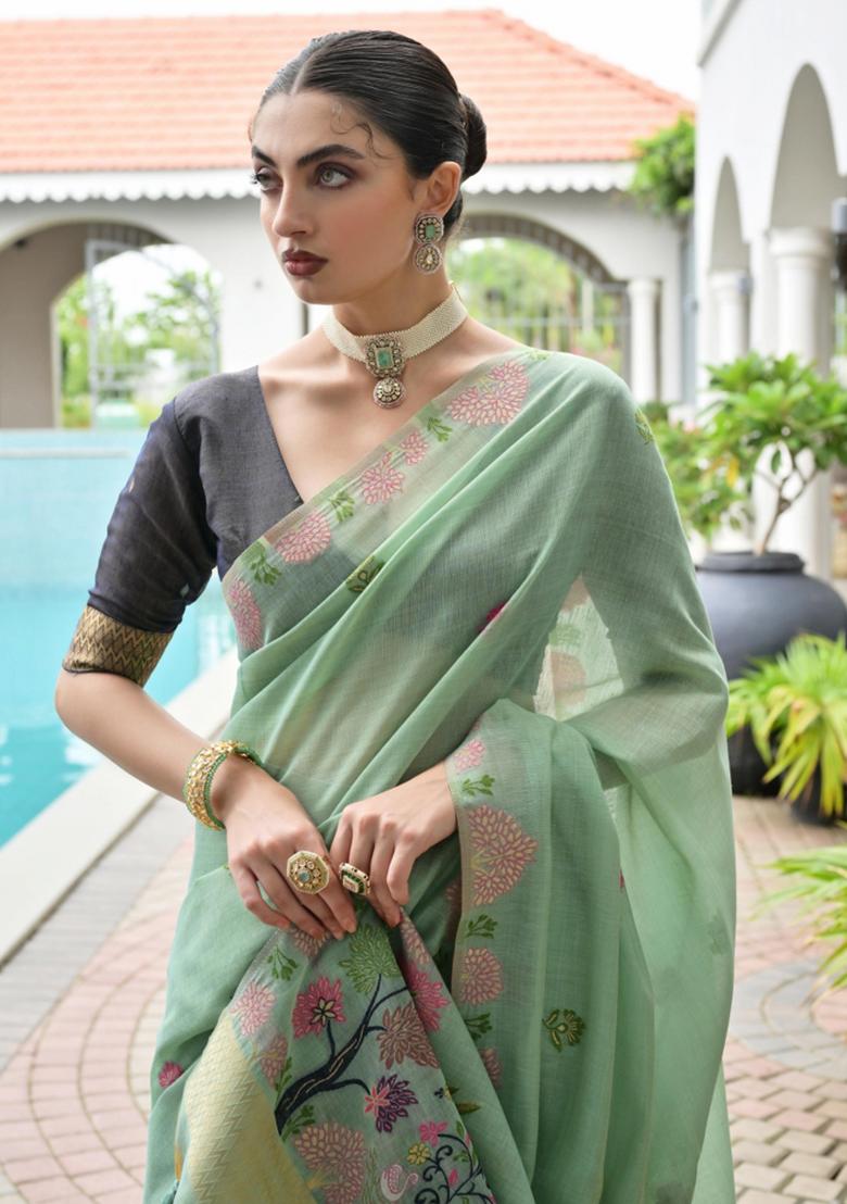 Green Woven Work Cotton Saree Set - Indya