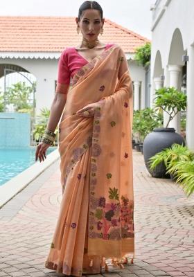 Peach Woven Work Cotton Saree Set
