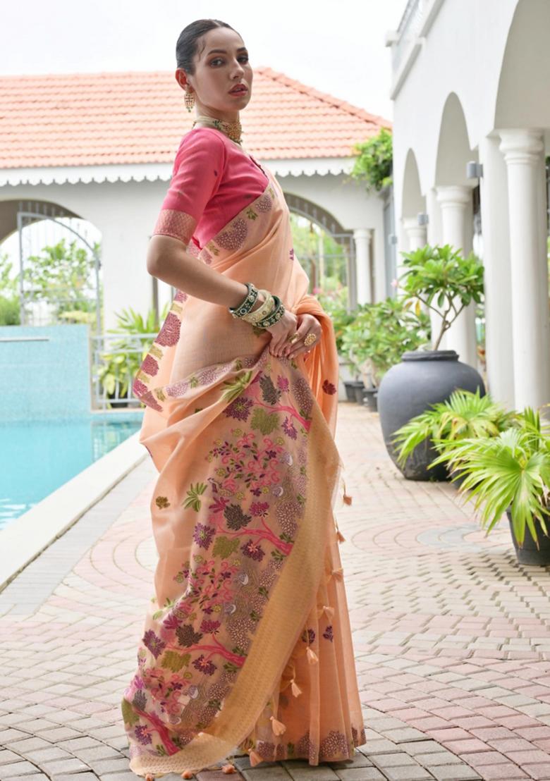 Peach Woven Work Cotton Saree Set - Indya