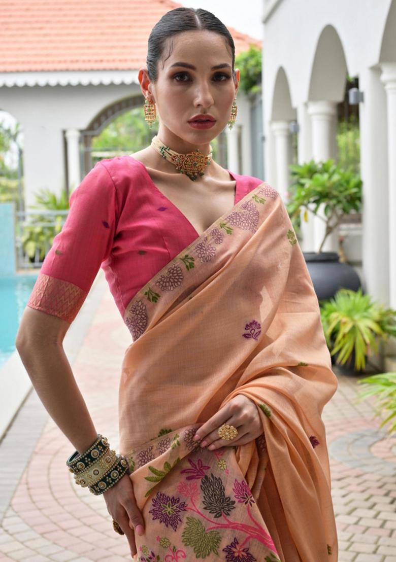 Peach Woven Work Cotton Saree Set - Indya