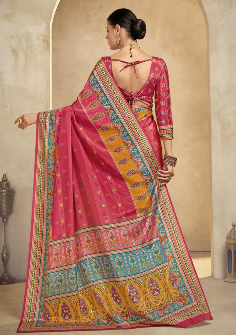 Pink Abstract Crepe Saree Set - Indya
