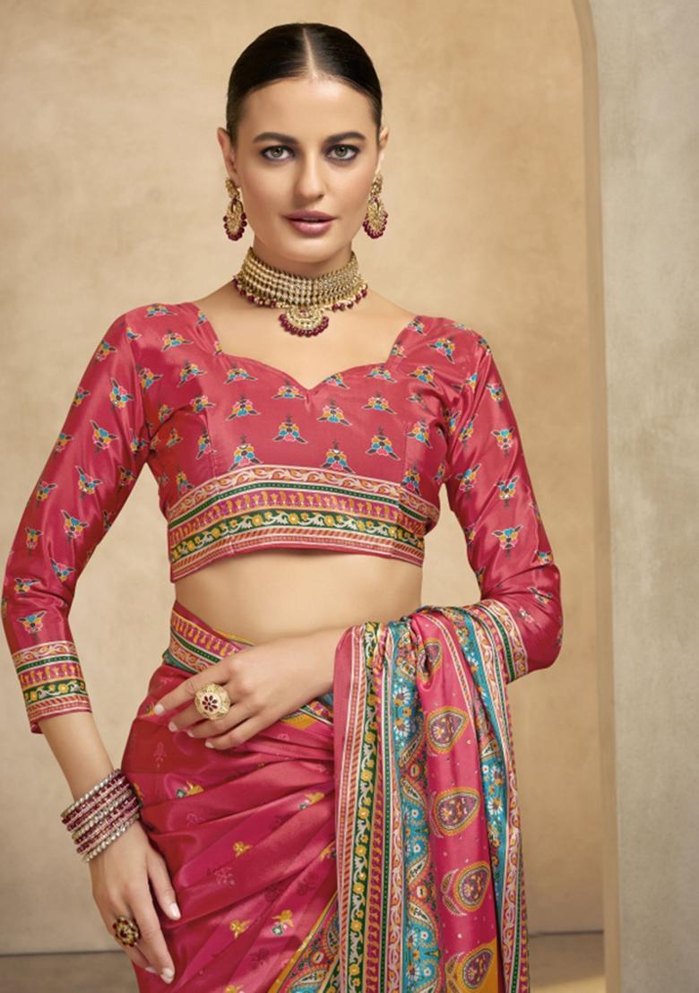 Pink Abstract Crepe Saree Set - Indya