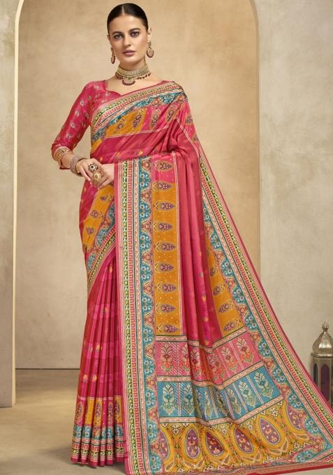 Pink Abstract Crepe Saree Set