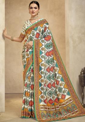 Off White Abstract Crepe Saree Set