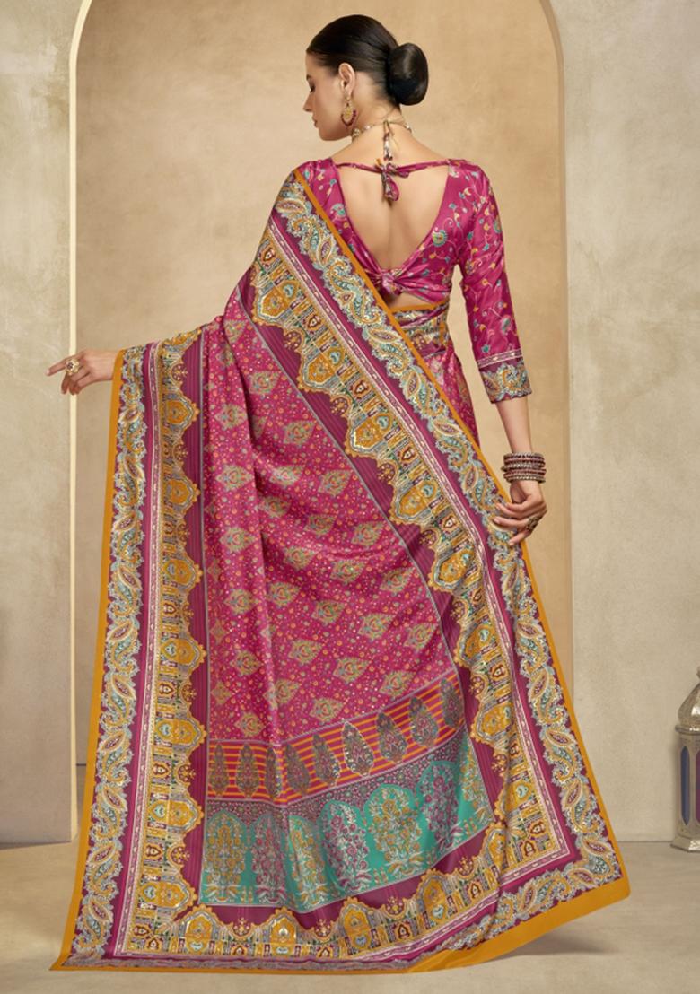 Maroon Abstract Crepe Saree Set - Indya