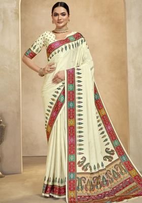 Off White Abstract Crepe Saree Set