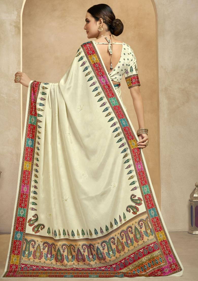 Off White Abstract Crepe Saree Set - Indya