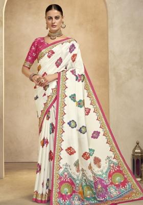 Off White Abstract Crepe Saree Set