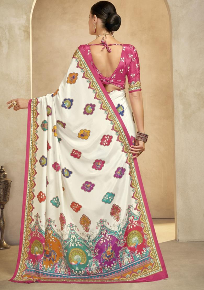 Off White Abstract Crepe Saree Set - Indya