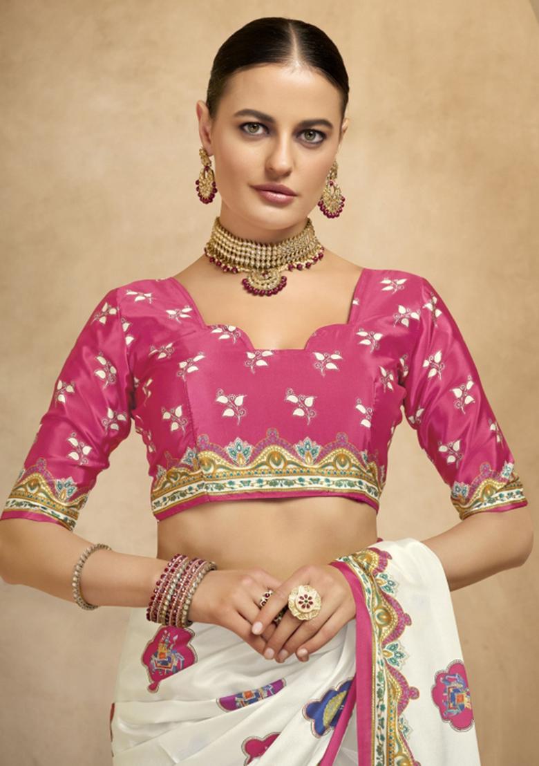 Off White Abstract Crepe Saree Set - Indya