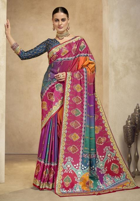 Multicolor Abstract Crepe Saree Set