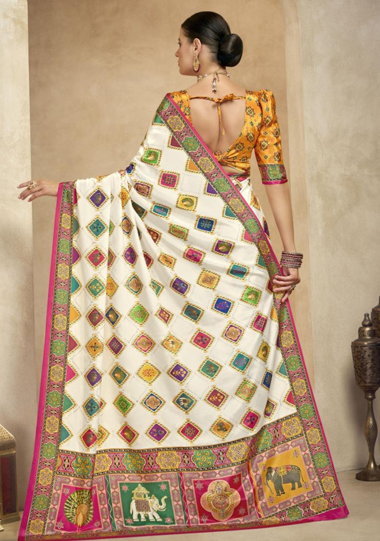 Off White Abstract Crepe Saree Set - Indya