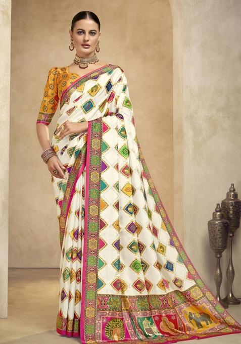 Off White Abstract Crepe Saree Set