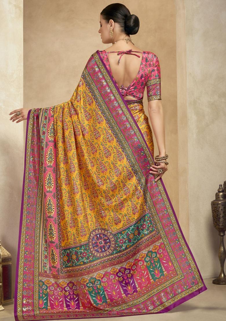 Yellow Abstract Crepe Saree Set - Indya