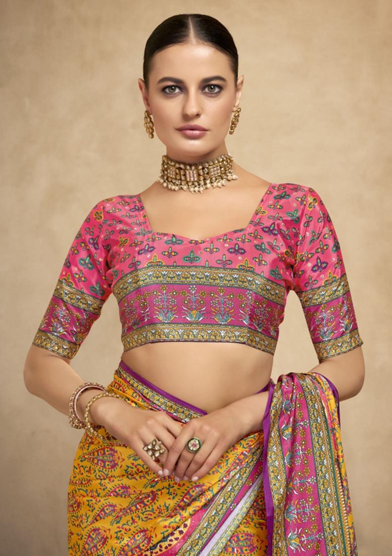 Yellow Abstract Crepe Saree Set - Indya