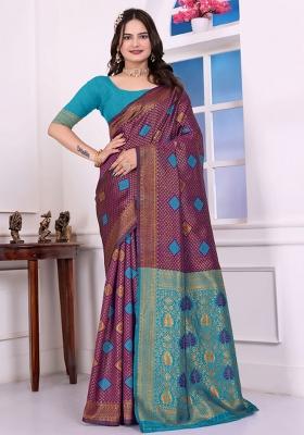 Purple Zari Work Silk Saree Set