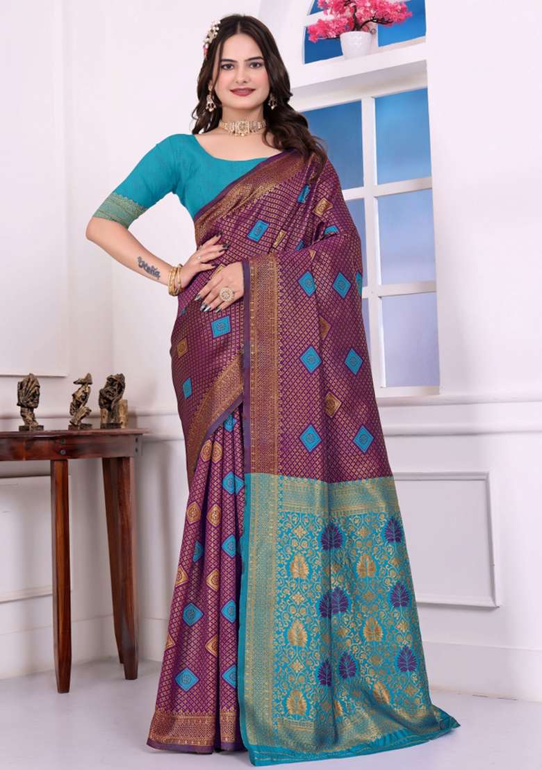 Purple Zari Work Silk Saree Set for Diwali and Festive Wear - Indya