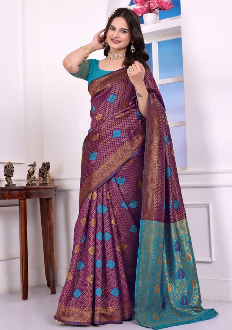 Purple Zari Work Silk Saree Set - Indya