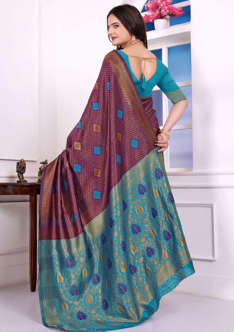 Purple Zari Work Silk Saree Set for Diwali and Festive Wear - Indya