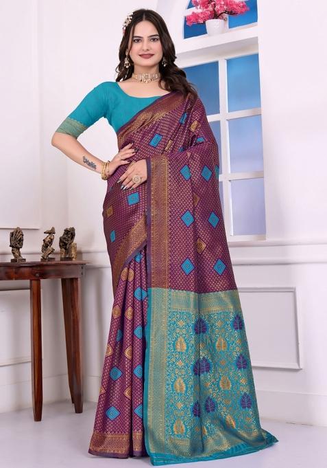 Purple Zari Work Silk Saree Set