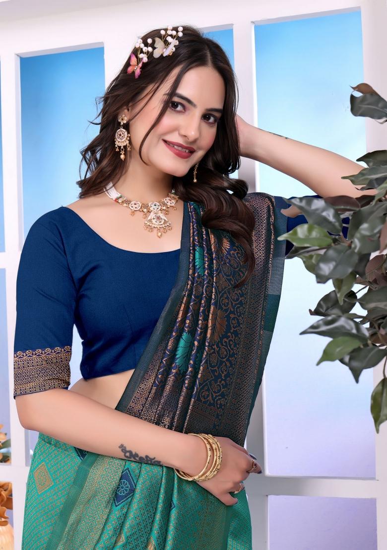 Green Zari Work Silk Saree Set - Indya